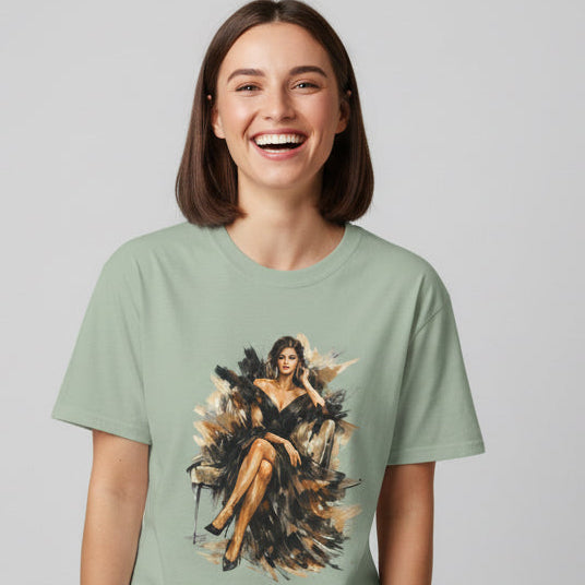 Fashion female icon in Black Art T-Shirt — Elegant Fashion Portrait Tee