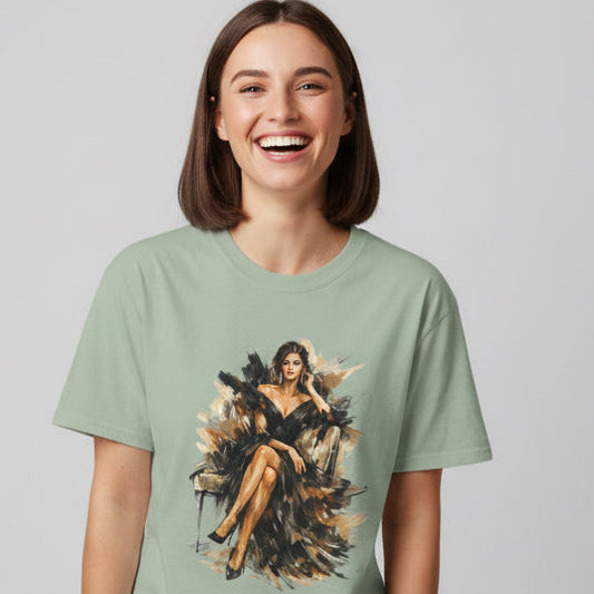 Fashion female icon in Black Art T-Shirt — Elegant Fashion Portrait Tee