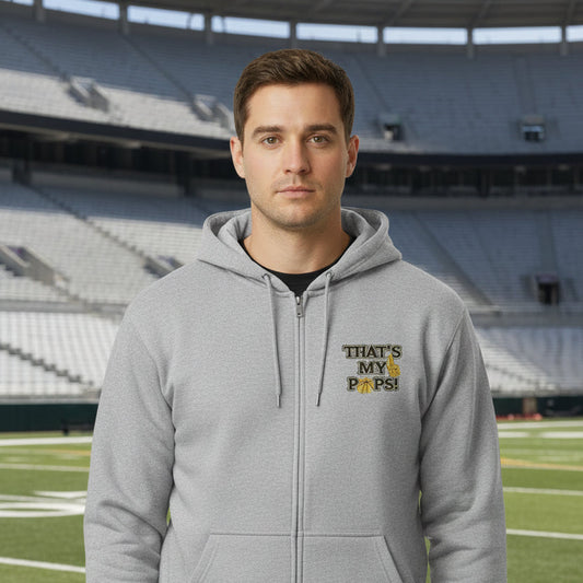 Gray hoodie with text design on a white background