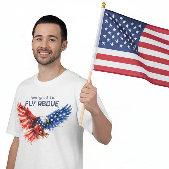 Man wearing a white t-shirt with an eagle design and text on a white background