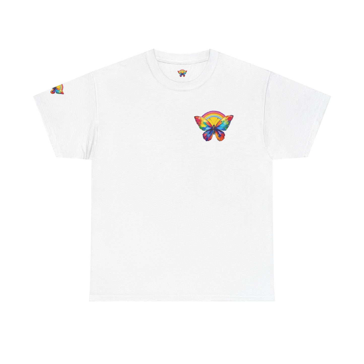 Butterfly Rainbow Tee — Small Chest & Sleeve Colorful Butterfly Graphic T-Shirt