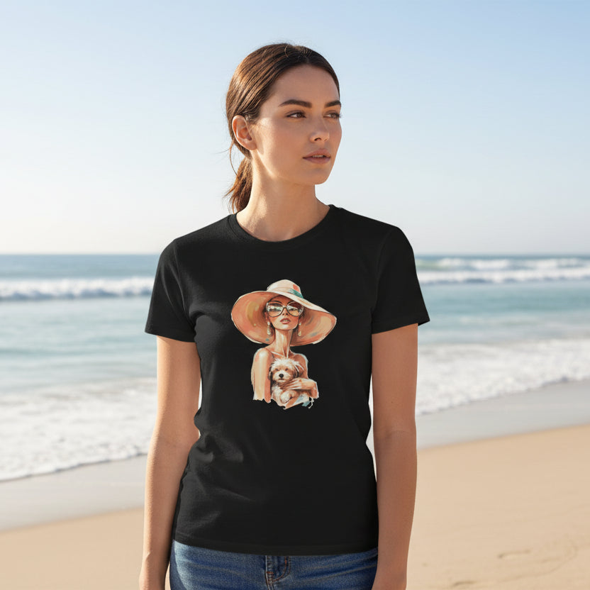 Woman in Sun Hat Holding Puppy T-Shirt – Cute Summer Dog Lover Tee