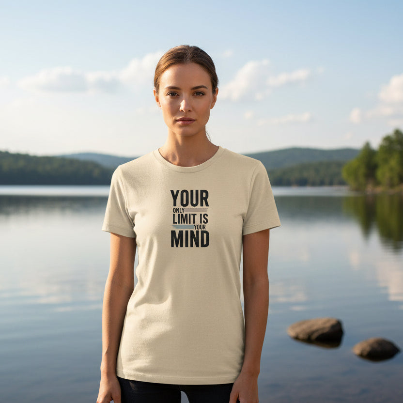 Beige t-shirt with motivational quote on the back against a white background