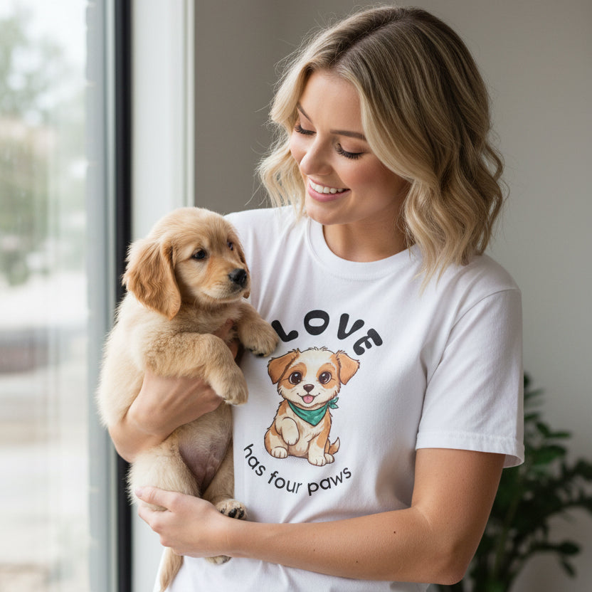 Love Has Four Paws Cute Puppy Illustration T-shirt | Dog Lover Tee