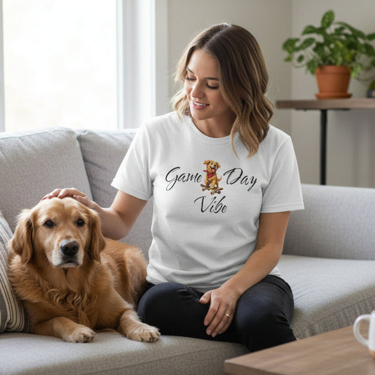 White t-shirt with 'Game Day Vibe' text and cartoon character on a white background