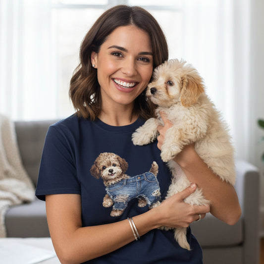 Navy blue t-shirt with a dog graphic on a white background