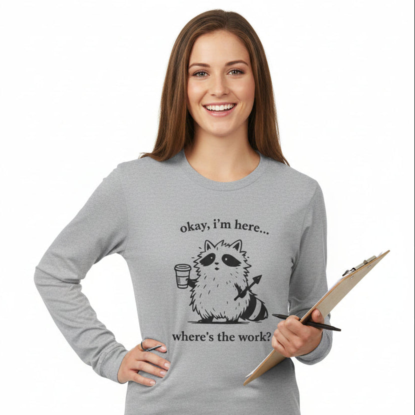 Gray long-sleeve shirt with a graphic of a cat and text on a white background