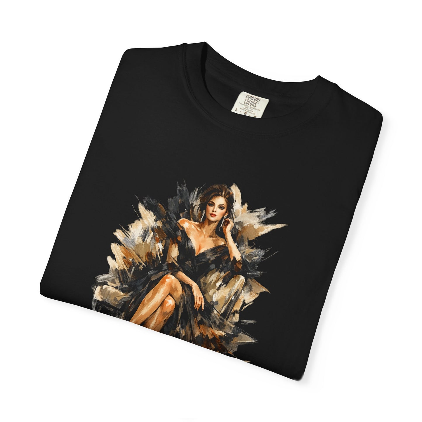 Fashion female icon in Black Art T-Shirt — Elegant Fashion Portrait Tee