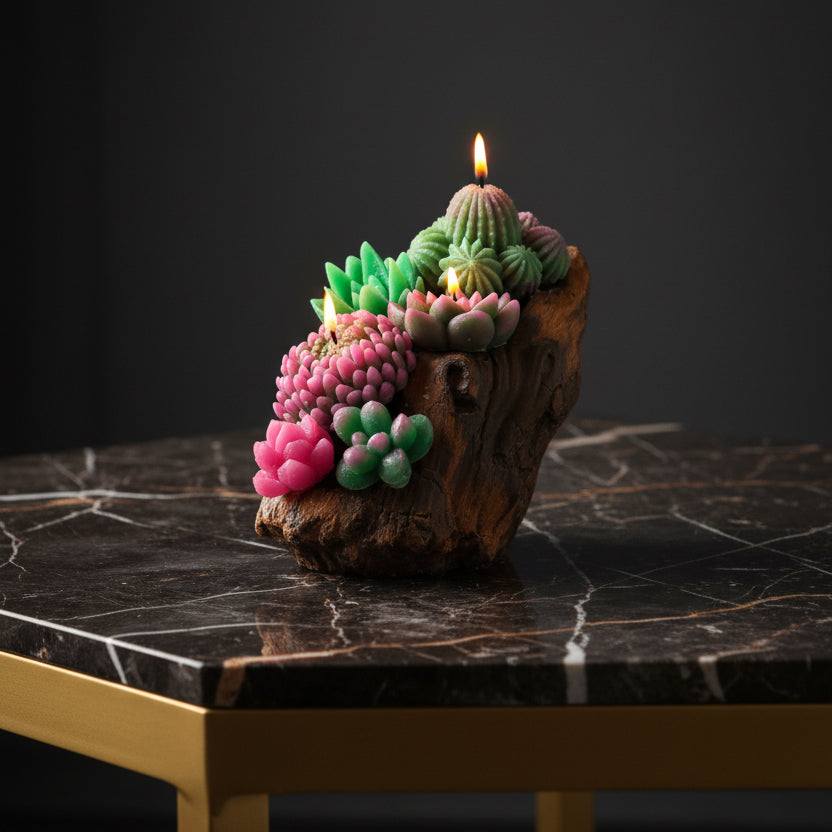 Colorful succulent-shaped candles on a wooden base -Mehrartcollections 