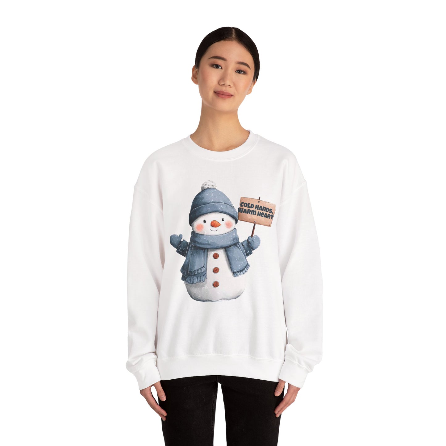 Snowman Crewneck Sweatshirt — Cute Snowman Holding "Cold Hands Warm Heart" Sign