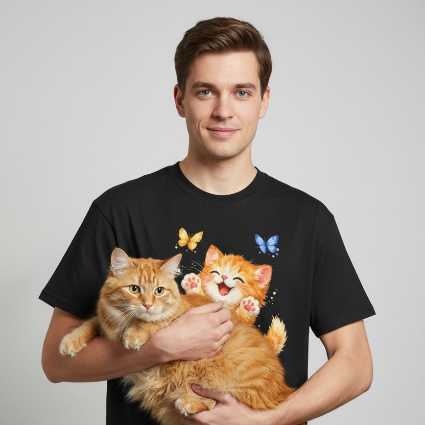 Black t-shirt with a cartoon cat and butterflies design on a white background