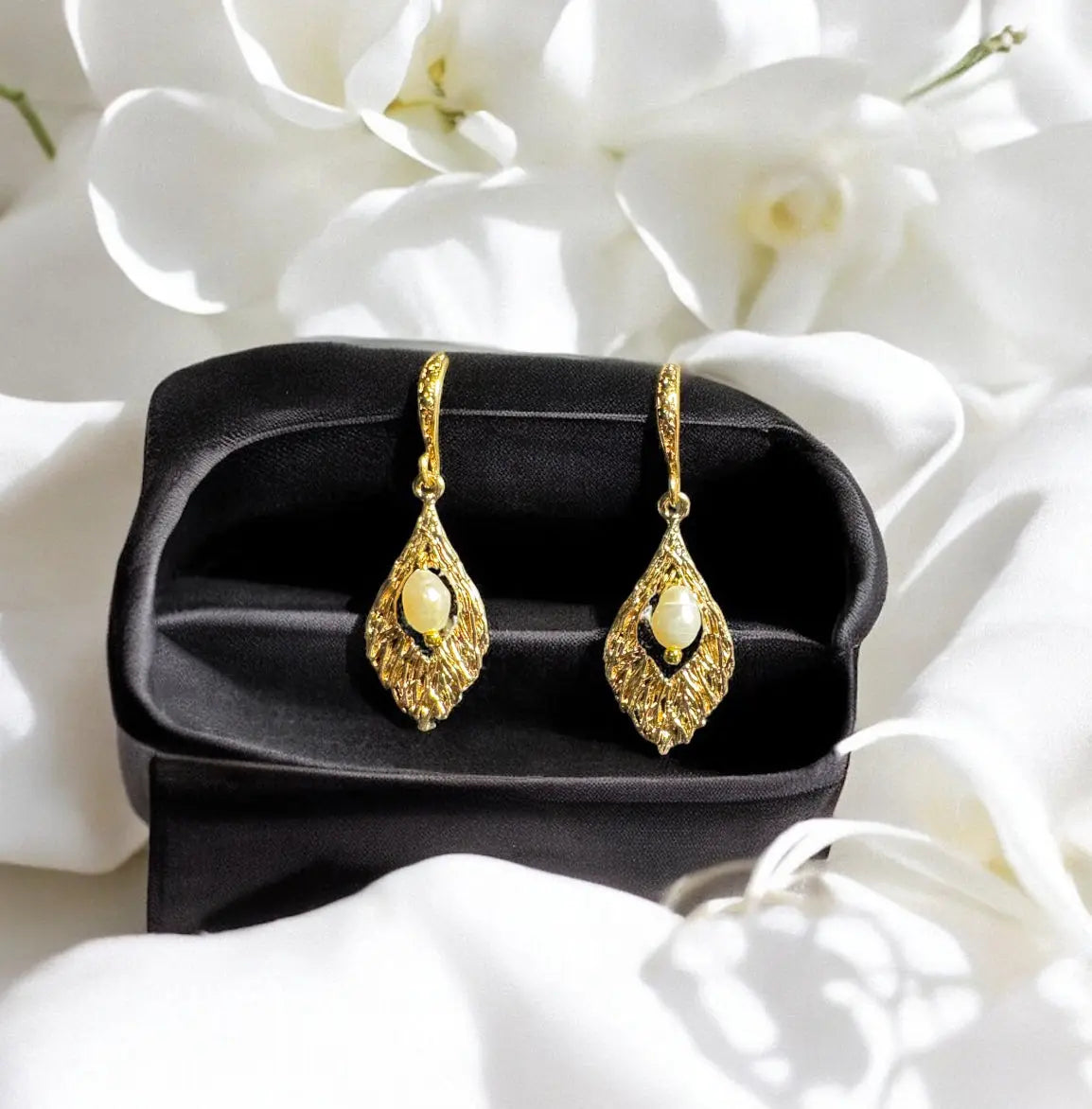 Elegant gold plated pearl drop earrings | bridal jewelry, freshwater pearls, handmade for weddings and special occasions