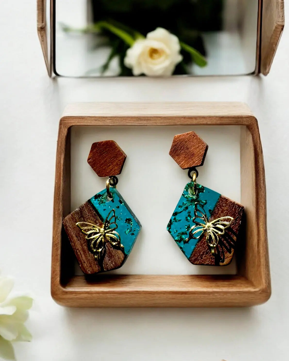 Minimalist wood and resin polygon earrings