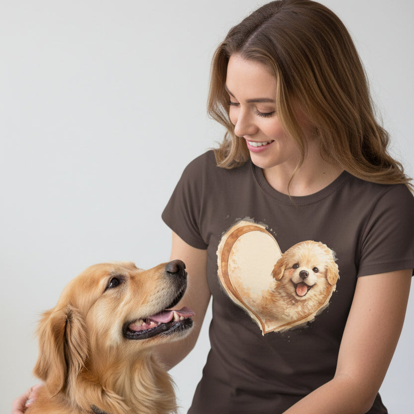 Brown t-shirt with a heart-shaped design featuring a dog on a white background