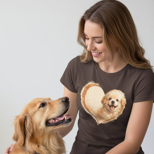 Brown t-shirt with a heart-shaped design featuring a dog on a white background