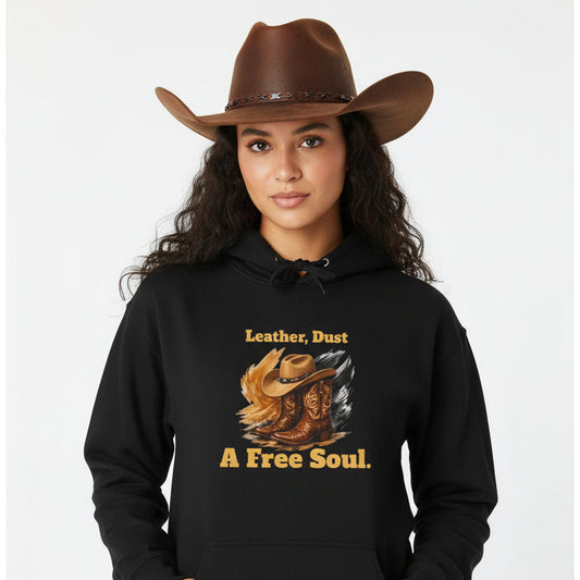Black hoodie with a graphic design and text on a white background
