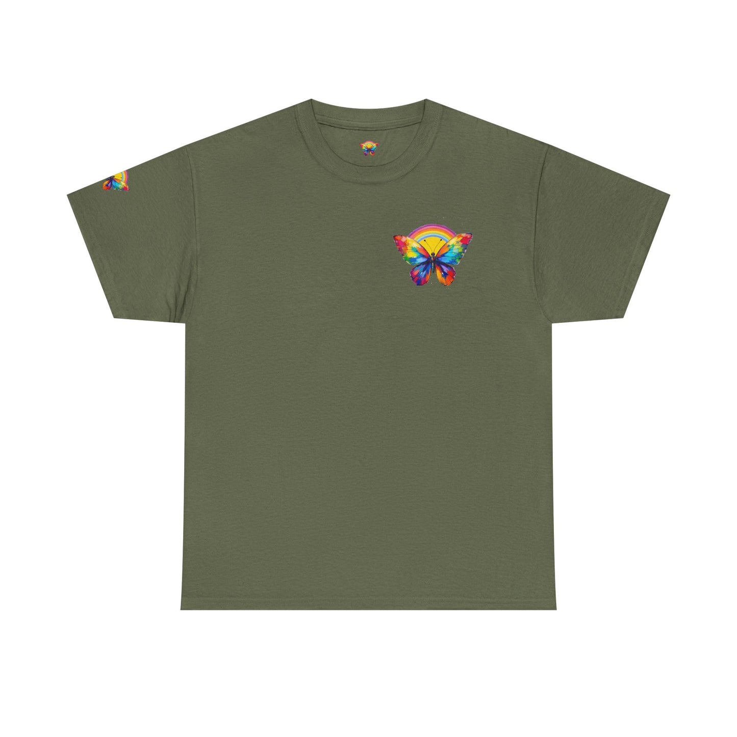 Butterfly Rainbow Tee — Small Chest & Sleeve Colorful Butterfly Graphic T-Shirt