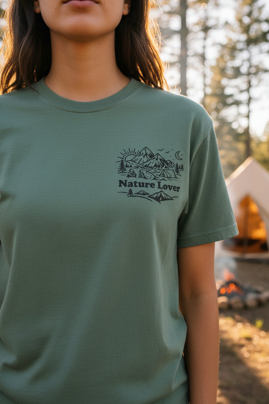 Green t-shirt with 'Nature Lover' graphic on a white background