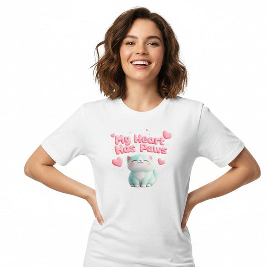 White t-shirt with a cat graphic and 'My Heart Has Paws' text on a white background