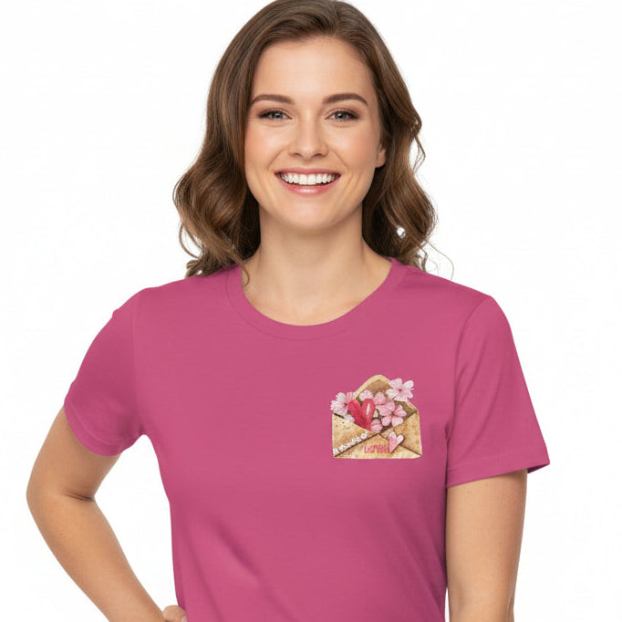 Pink t-shirt with a small graphic on the chest against a white background