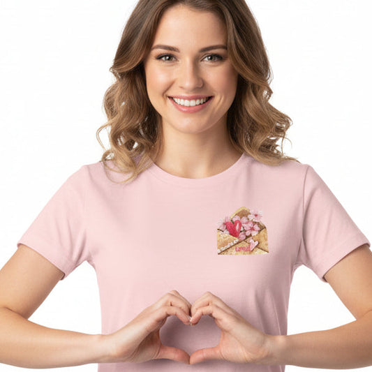Pink t-shirt with a graphic design on a white background