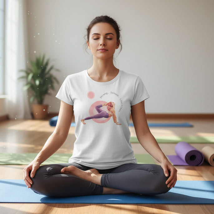 White t-shirt with a graphic of a person in a yoga pose and text on a white background