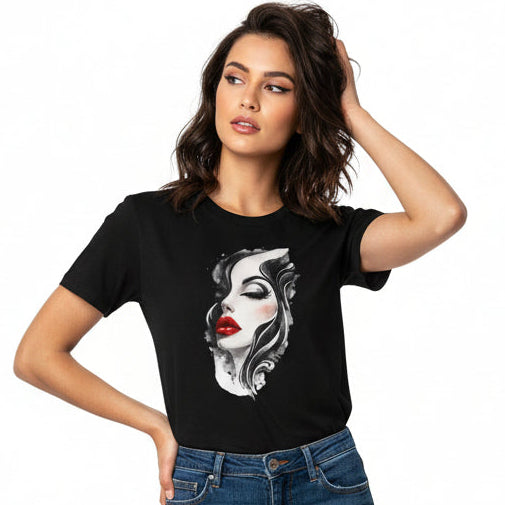 Black t-shirt with a graphic of a stylized face on a white background