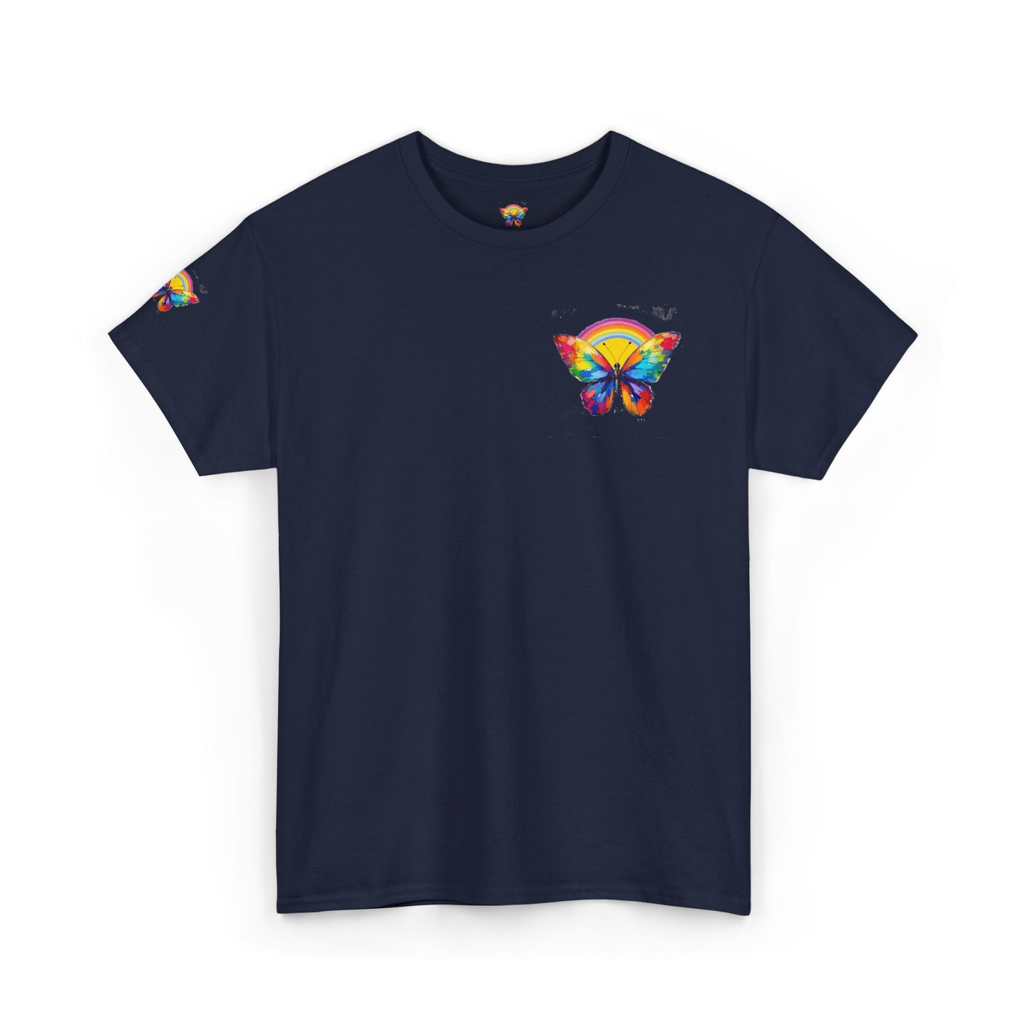 Butterfly Rainbow Tee — Small Chest & Sleeve Colorful Butterfly Graphic T-Shirt