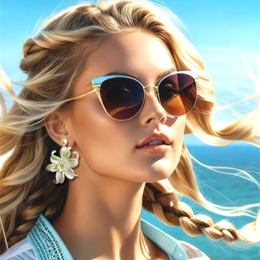 Woman with braided hair wearing flower earrings against a beach background. Mehrartcollections 
