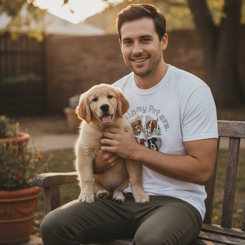 White t-shirt with dog-themed graphic and text on a white background