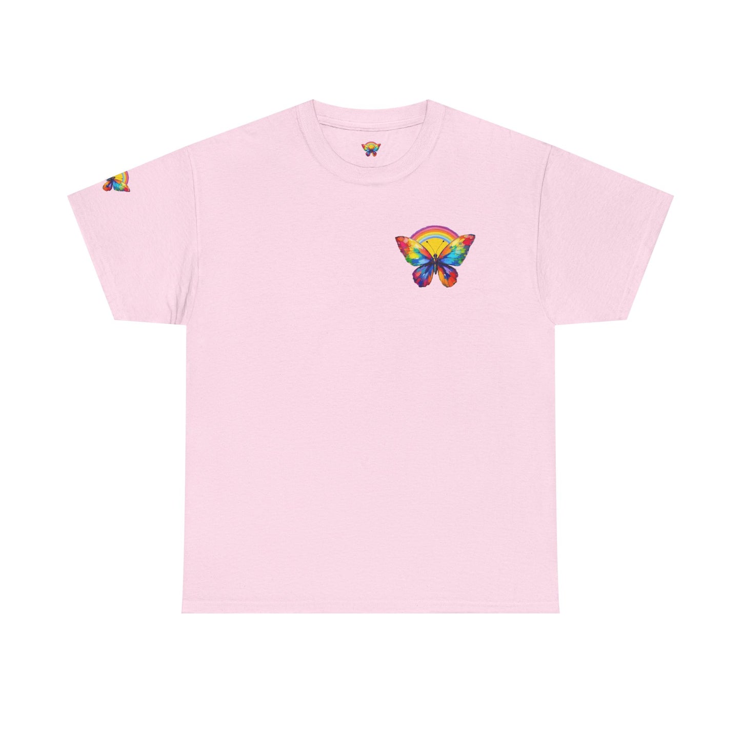 Butterfly Rainbow Tee — Small Chest & Sleeve Colorful Butterfly Graphic T-Shirt