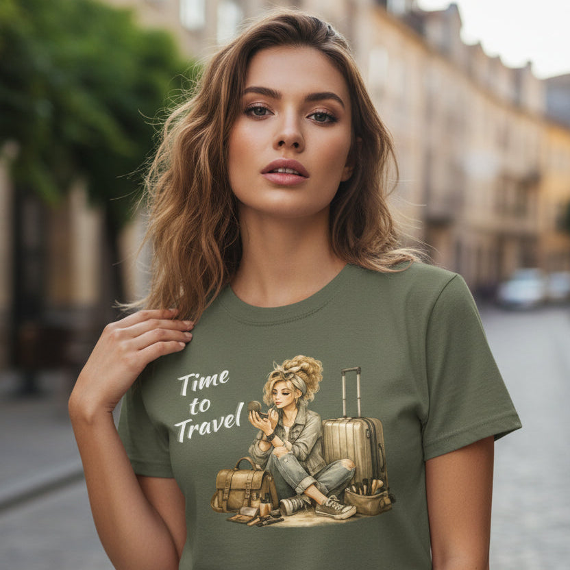 Green t-shirt with a graphic of a child and suitcase and text 'Time to Travel' on a white background