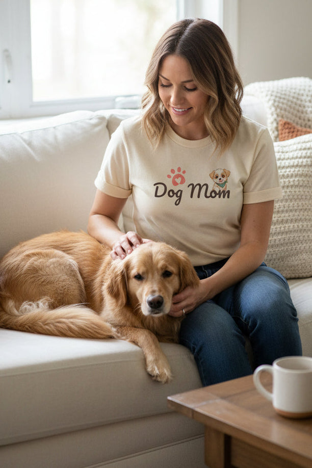 Beige t-shirt with 'Dog Mom' text and dog graphic on a white background