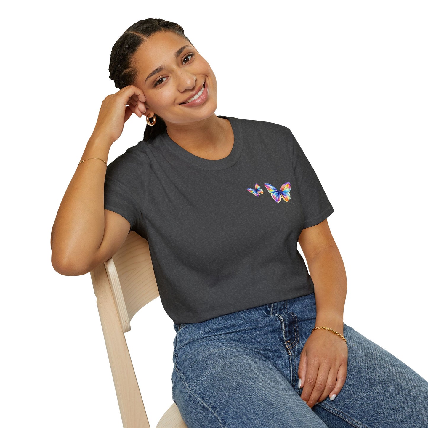 Butterfly Chest Print T-Shirt — Colorful Watercolor Butterflies Tee