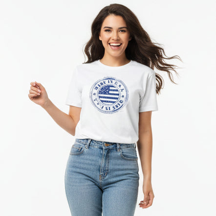 White t-shirt with blue 'Made in U.S.A.' stamp design on a white background