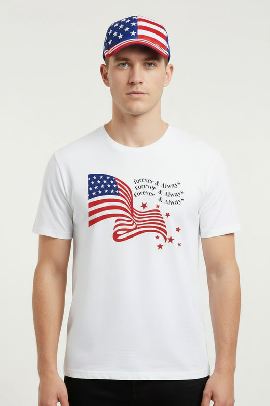 White t-shirt with American flag design and text on a white background