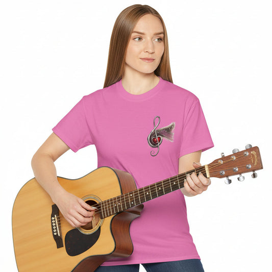 Woman wearing a pink t-shirt with a graphic design on a white background
