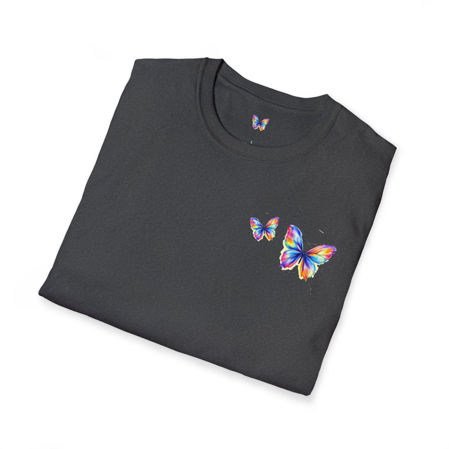 Butterfly Chest Print T-Shirt — Colorful Watercolor Butterflies Tee