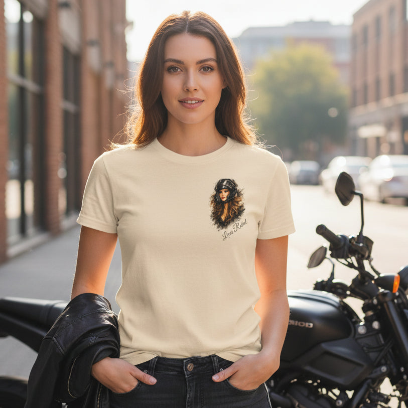 Beige t-shirt with a graphic of a woman's face and 'Lana Del Rey' text on a white background