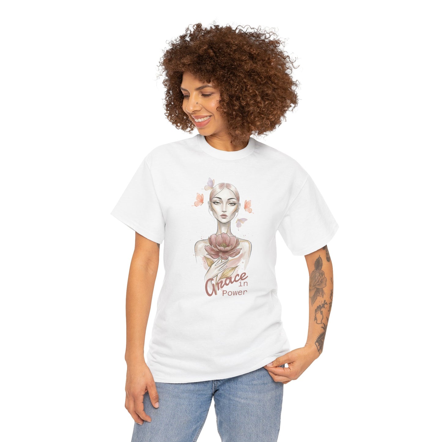 Grace in Power Tee — Feminine Portrait Floral Graphic T‑Shirt