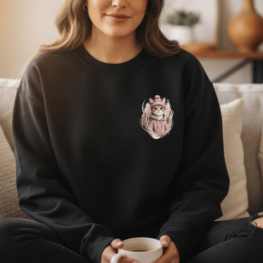 Black sweatshirt with a small graphic on the chest against a white background