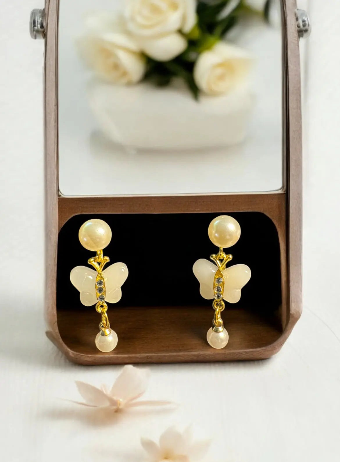 Bridal butterfly pearl drop earrings | white jade and artificial pearl jewelry, elegant handmade wedding accessory