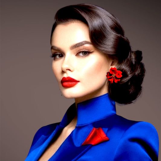 Woman wearing a blue outfit with a red bow and flower against a gray background. Mehrartcollections 