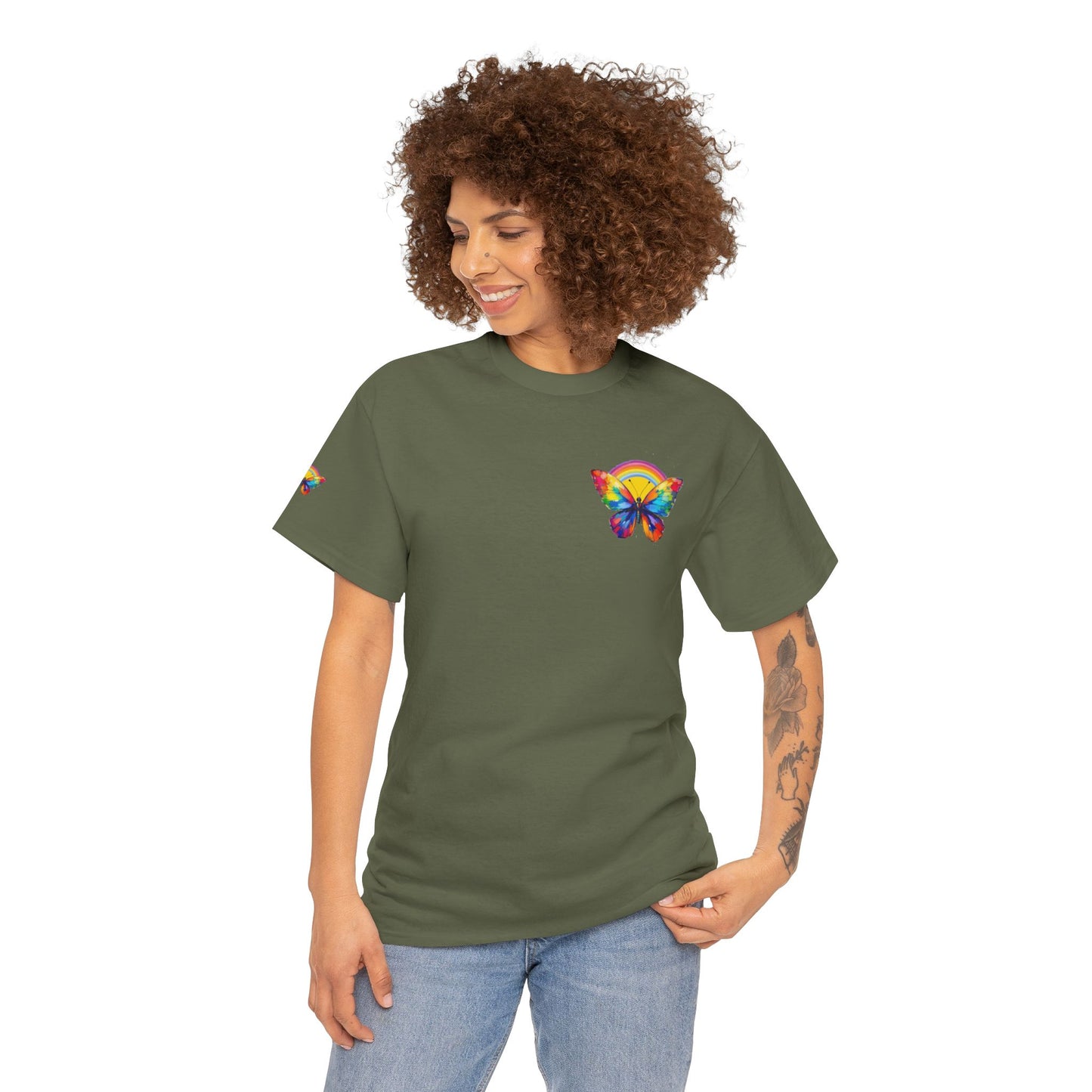 Butterfly Rainbow Tee — Small Chest & Sleeve Colorful Butterfly Graphic T-Shirt