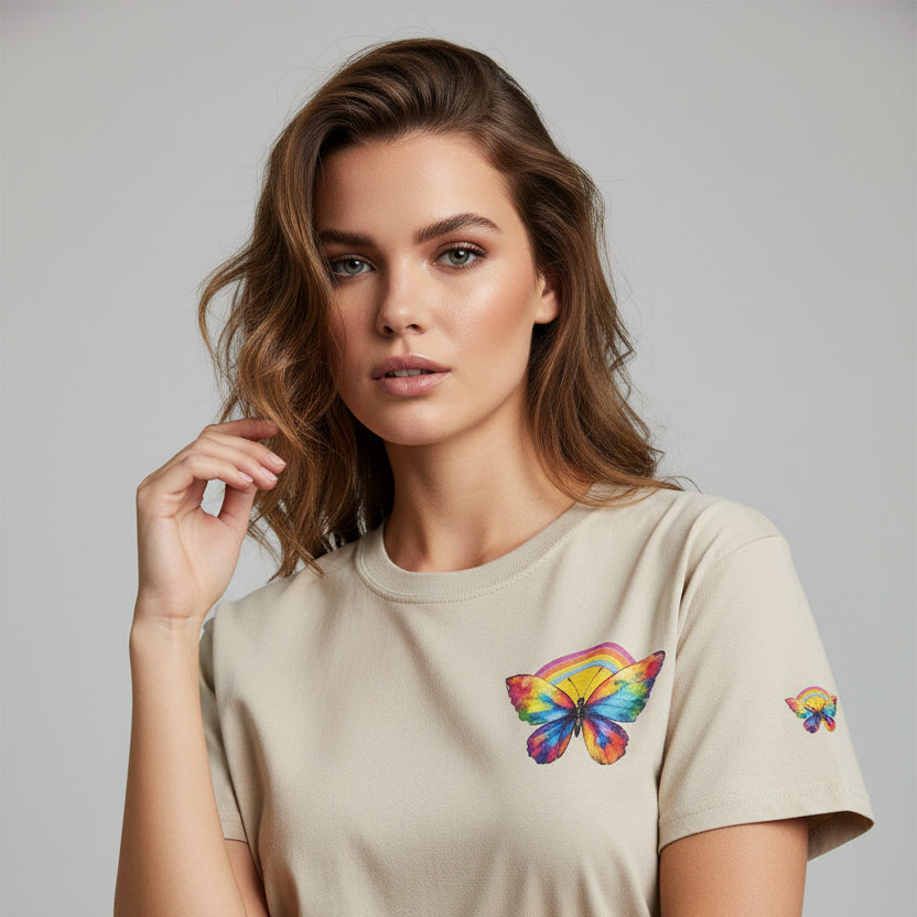 Butterfly Rainbow Tee — Small Chest & Sleeve Colorful Butterfly Graphic T-Shirt