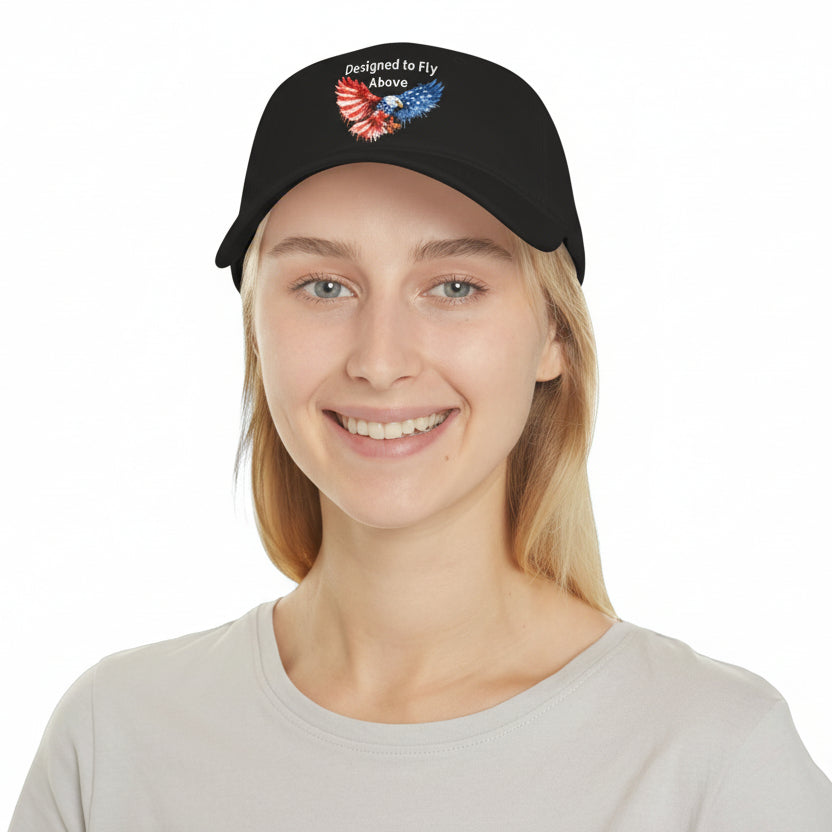 Person wearing a black cap with a colorful design and text on a white background
