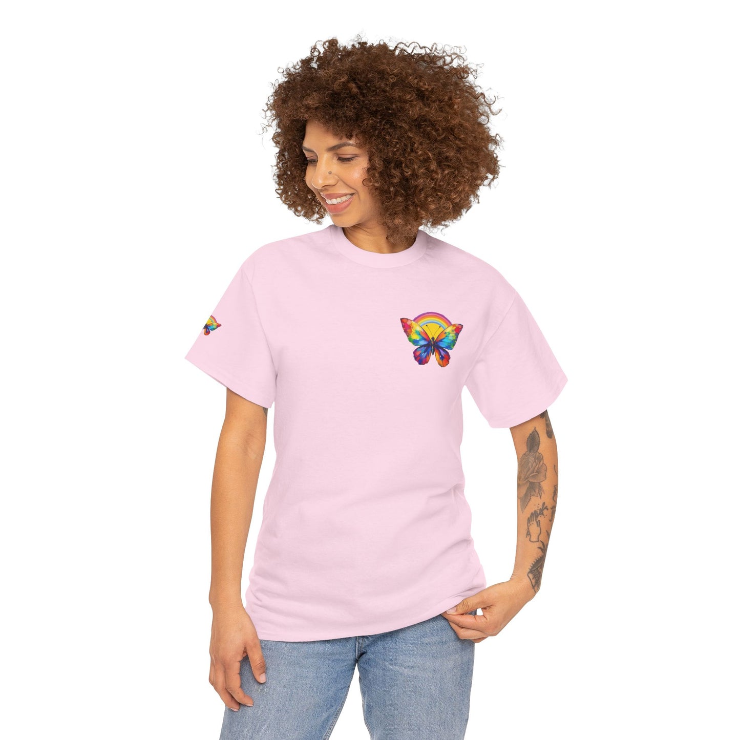 Butterfly Rainbow Tee — Small Chest & Sleeve Colorful Butterfly Graphic T-Shirt