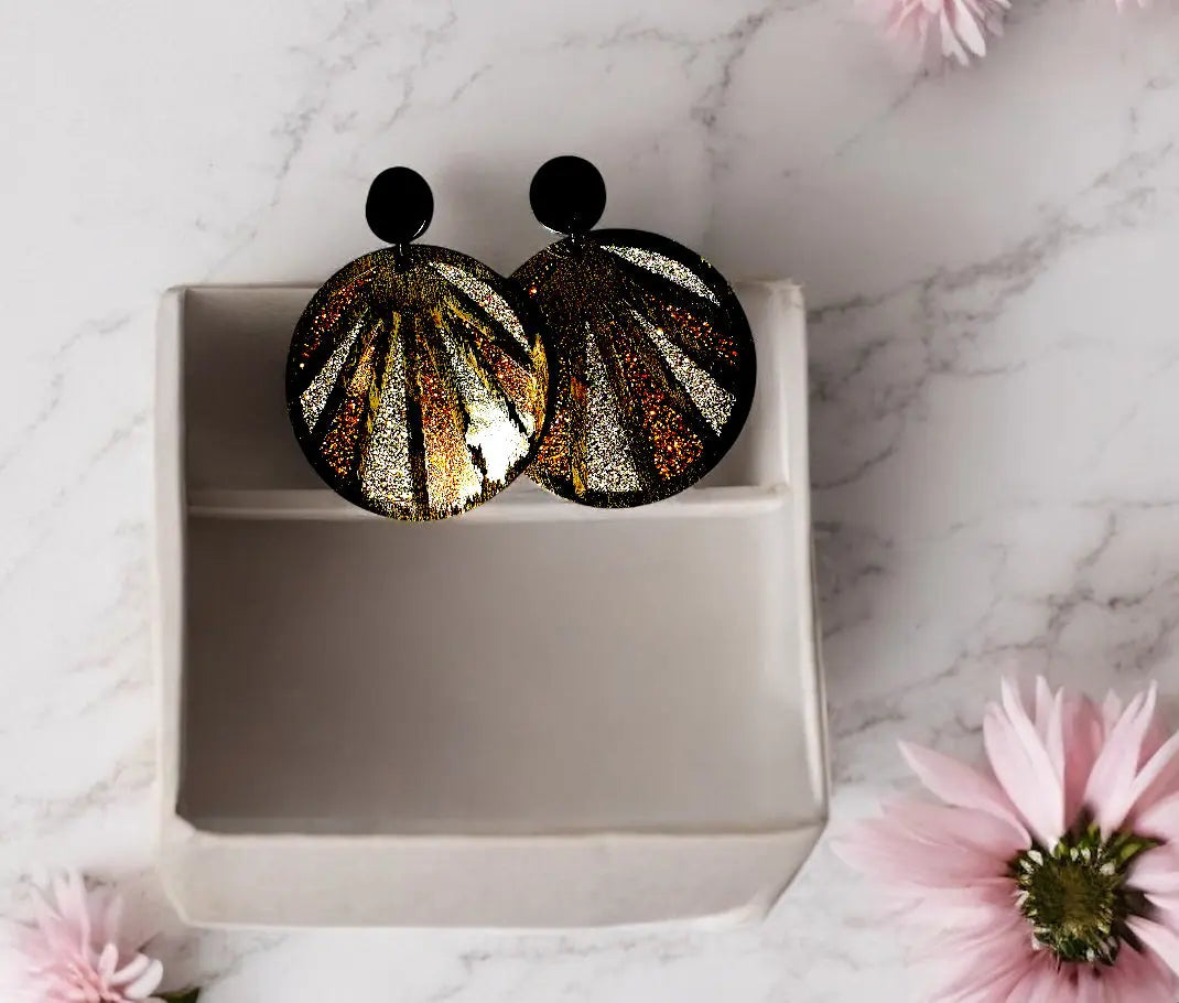 Model wearing Bold Wood and Resin Earringsstyle