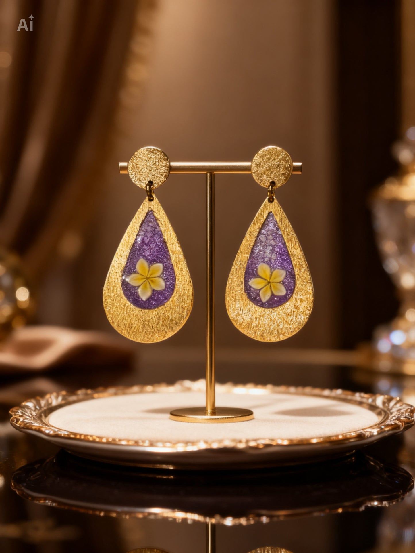 Pressed Flower Resin Teardrop Earrings in Gold plated Frame | Botanical Jewelry