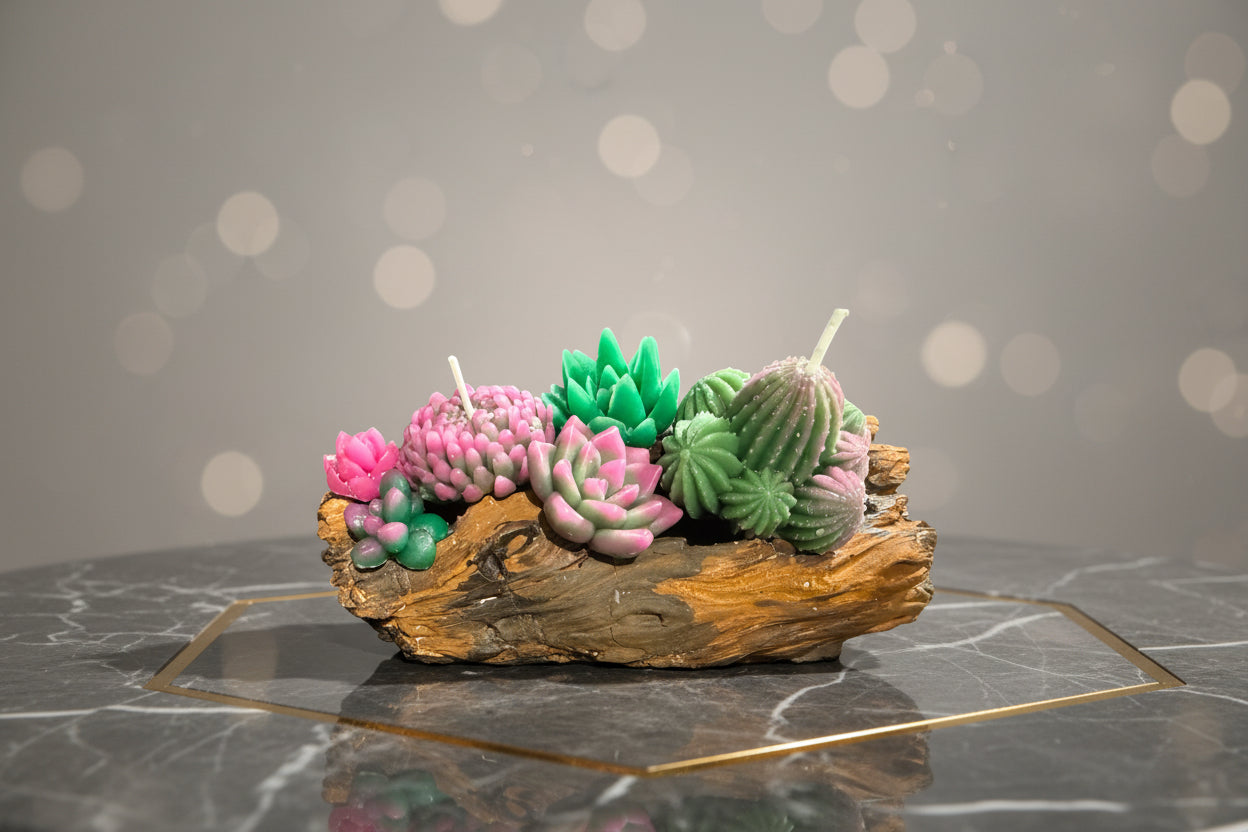 Colorful succulent-shaped candles on a wooden base -Mehrartcollections 